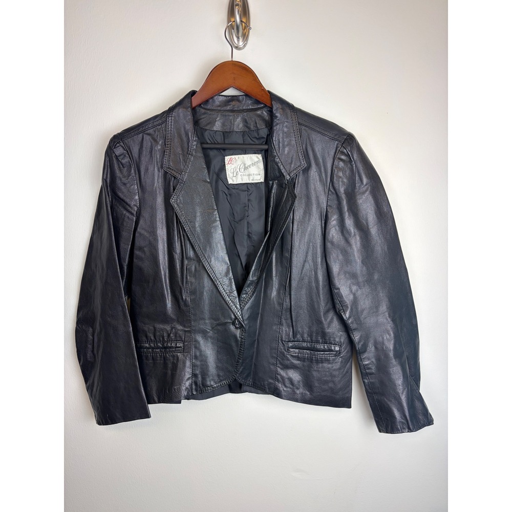 Vintage Le Chevron Leather Blazer Jacket Large Black Cropped Single Button Soft